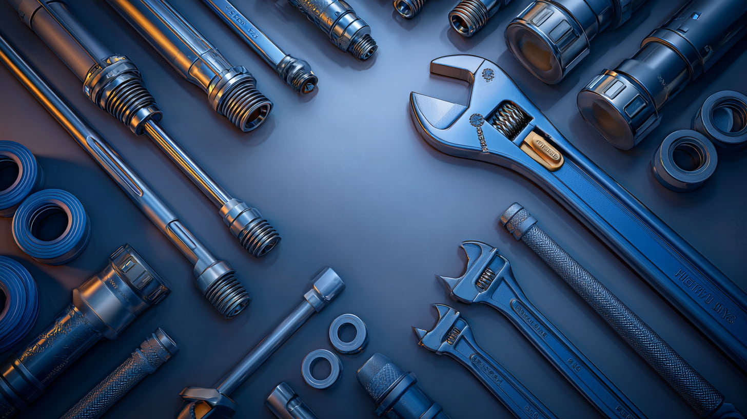 A tidy layout of plumbing tools and fittings on a dark surface, with warm highlights on the metal.