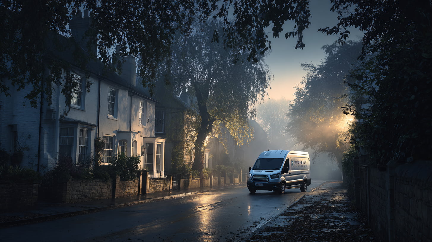 A trades van on a quiet residential street in early light, suggesting local callouts.