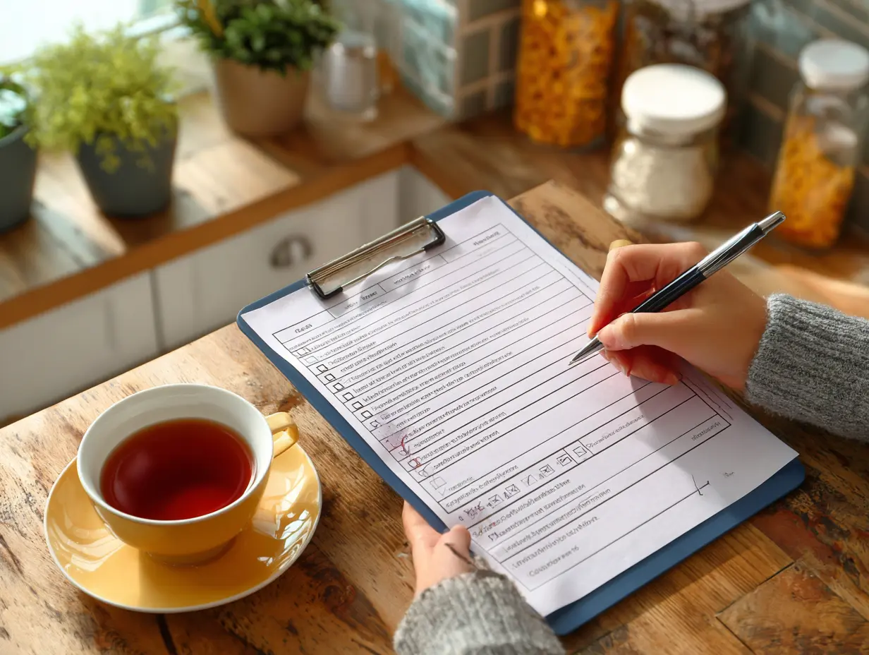 Hands completing a safety inspection checklist on a clipboard at a kitchen table.