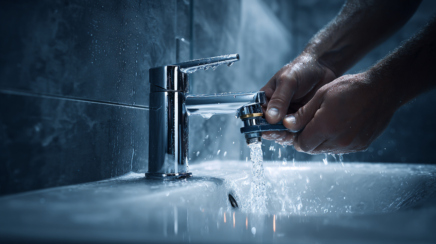 Close-up hands tightening a chrome compression fitting under a white sink, with water droplets on the metal.